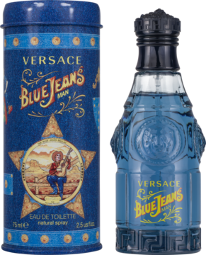 Versace Blue Jeans Man męska EDT: niebieska butelka ze zdobieniami i cylindryczna puszka z ilustracją kowboja.