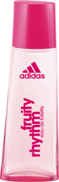 Adidas Fruity Rhythm woda toaletowa, gładka przezroczysta butelka z jaskrawo-różową nakrętką, widok z przodu.