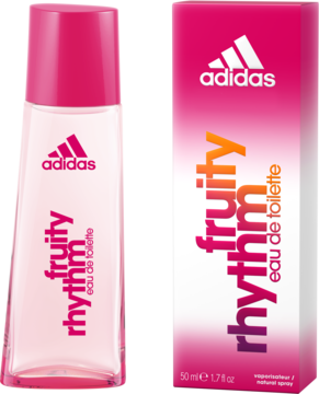 Woda toaletowa Adidas Fruity Rhythm: różowa butelka i pudełko z gradientem, widoczne logo i nazwa zapachu.