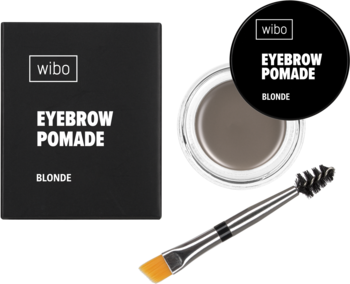 Wibo Eyebrow Pomade Blonde: czarne pudełko, otwarty słoiczek z kremową pomadą i dwustronny pędzelek do brwi.