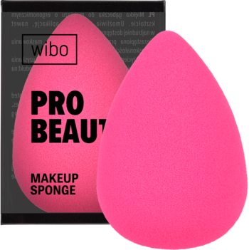 Jaskrawo różowa gąbka do makijażu WIBO Pro Beauty o kształcie łzy, widok z przodu na tle opakowania.