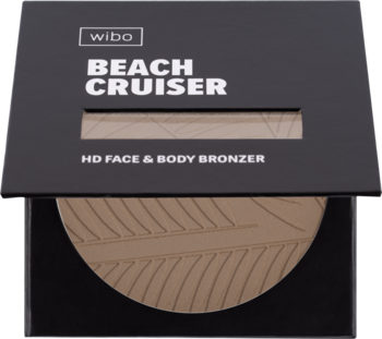 Wibo Beach Cruiser 02 Cafe Creme, bronzer HD Face & Body w otwartym, czarnym kompakcie z wzorem liści palmowych.