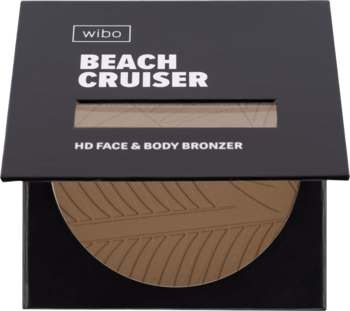 Wibo Beach Cruiser HD bronzer 03 Praline. Otwarty czarny kompakt, brązowy wkład z wytłoczonym liściem.