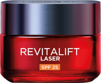 L'Oréal Revitalift Laser SPF 25 krem, czerwony, kwadratowy słoiczek z błyszczącym wykończeniem, widok z przodu.