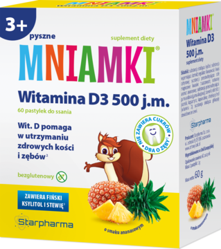 MNIAMKI Witamina D3 ,pastylki do ssania, 500 j.m, o smaku ananasowym, 3+, suplement diety,kompozycja-2
