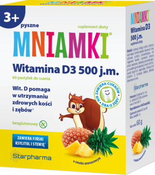 Mniamki Witamina D3 500 j.m., żółto-białe opakowanie pastylek dla dzieci, rysunkowa wiewiórka, widok z przodu.