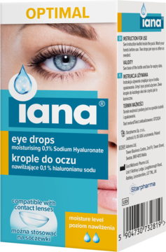 Front of Iana Optimal eye drops box, 0.1% Sodium Hyaluronate, for contact lenses, white/blue/yellow.