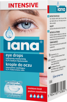 Iana Intensive eye drops, 0.3% Sodium Hyaluronate, for dry eyes & contact lenses, white/blue box, front view.
