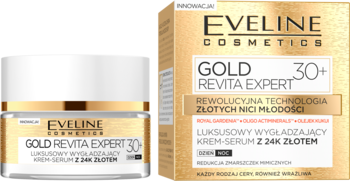 Złoto-biały krem-serum Eveline Gold Revita Expert 30+ z 24k złotem, widok słoika i pudełka pod kątem.