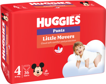 Czerwone opakowanie pieluchomajtek Huggies Little Movers, rozmiar 4 (36 szt.), z logo Mickey i zdjęciem dziecka.