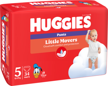 Czerwone opakowanie pieluchomajtek Huggies Little Movers rozmiar 5, z niemowlakiem na chmurce i Kaczorem Donaldem.