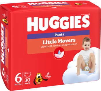 Czerwone opakowanie pieluchomajtek Huggies Little Movers Pants rozmiar 6, widok z przodu, z dzieckiem na chmurze.