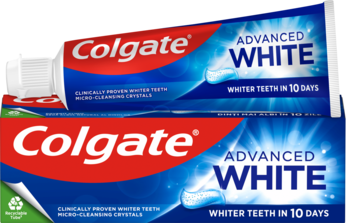 Colgate Advanced White, biała tubka leżąca przed niebieskim pudełkiem, z napisem "Whiter Teeth in 10 Days".