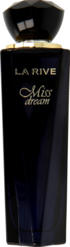 LA RIVE Miss Dream, ciemnoniebieska butelka perfum ze złotym napisem i czarną, fasetowaną zakrętką, widok z przodu.
