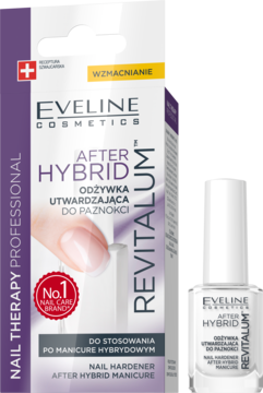 Biała butelka Eveline After Hybrid Revitalum, utwardzającej odżywki do paznokci, obok fioletowo-białego opakowania.
