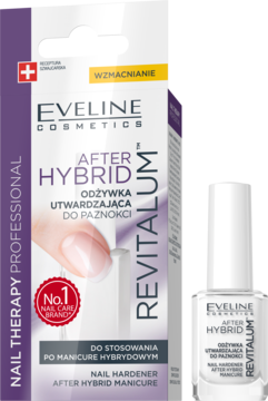 Biała butelka Eveline After Hybrid Revitalum, utwardzającej odżywki do paznokci, obok fioletowo-białego opakowania.