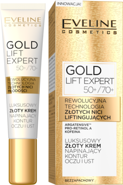 Eveline Gold Lift Expert 50+/70+ krem napinający kontur oczu i ust w białej tubce i złotym pudełku, lekko z boku.