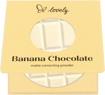 Lovely Bananowo-Czekoladowy matujący puder korygujący w żółtym opakowaniu, biały puder z wzorem czekolady.