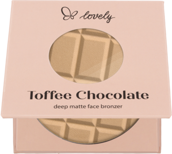 Puder brązujący lovely Toffee Chocolate, matowy, z wzorem czekolady, w otwartym beżowym opakowaniu.