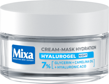 Mixa Hyalurogel Night Cream-Mask nawilżający, 7% gliceryny i kwasu hialuronowego, w słoiczku, z przodu.