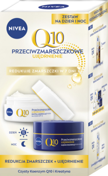 Białe pudełko zestawu NIVEA Q10 dzień/noc z kremami przeciwzmarszczkowymi, widok z przodu.