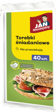 Zielono-żółte opakowanie torebek śniadaniowych Jan Niezbędny, 40 sztuk, z kanapką i napisem "nie przeciekają".