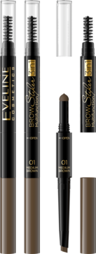 Eveline Brow Styler 3in1, medium brown. Two black pens, one open revealing brow pencil tip.