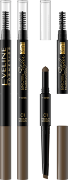 Eveline Brow Styler 3in1, medium brown. Two black pens, one open revealing brow pencil tip.