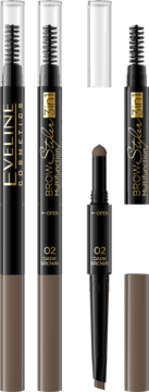 Dwa Eveline Cosmetics Brow Styler 3in1 w kolorze 02 Dark Brown: jeden zamknięty, drugi otwarty z woskiem i szczoteczką.