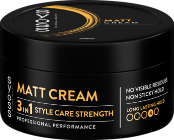 Czarny, okrągły słoiczek kremu Syoss Matt Cream 3w1 do stylizacji włosów, widok z przodu, z białymi napisami.