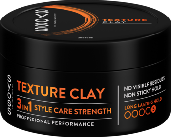 Czarna glinka Syoss Texture Clay 3in1 do włosów, z matowym wykończeniem i mocnym utrwaleniem, widok z przodu.