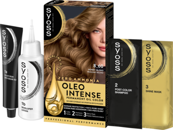Zestaw farby Syoss Oleo Intense 8-60 Miodowy Blond, bez amoniaku. Czarne, złote opakowania: tubka, butelka, saszetki i pudełko z modelem.