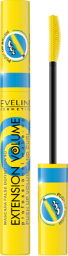 Żółta Eveline Extension Volume 4D mascara z niebieskimi detalami, otwarta z wyjętą zakrzywioną szczoteczką.
