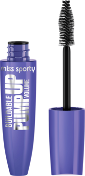 Miss Sporty Pump Up Buildable Volume pogrubiający tusz do rzęs w fioletowej tubce, otwarty z czarną szczoteczką.