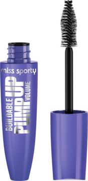 Miss Sporty Pump Up Buildable Volume pogrubiający tusz do rzęs w fioletowej tubce, otwarty z czarną szczoteczką.