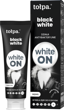 tołpa. black white white ON, wybielająca pasta do zębów z węglem, tubka i pudełko, widok z przodu.