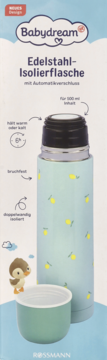 Jasnoniebieski termos Babydream ze stali nierdzewnej 500ml, z cytrynowym wzorem i zielonym kubkiem, widok z przodu.