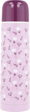 Babydream termos stalowy 500ml, widok z przodu, pastelowo-fioletowy z białym i ciemnofioletowym wzorem kwiatowym.