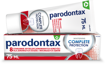 Wybielająca pasta Parodontax Complete Protection Whitening, biało-czerwona tuba 75ml na pudełku, z przodu.