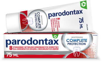 Wybielająca pasta Parodontax Complete Protection Whitening, biało-czerwona tuba 75ml na pudełku, z przodu.