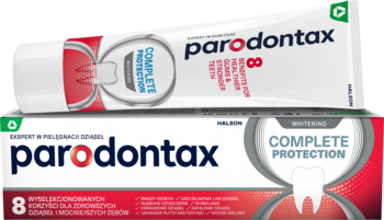 Biała tubka i pudełko Parodontax Complete Protection Whitening, pasta do zębów. Czerwone detale, widok z przodu.