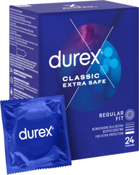 Ciemnoniebieskie pudełko prezerwatyw Durex Extra Safe (24 sztuki) z logo i pojedyncza prezerwatywa w folii.