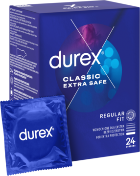 Ciemnoniebieskie pudełko prezerwatyw Durex Extra Safe (24 sztuki) z logo i pojedyncza prezerwatywa w folii.