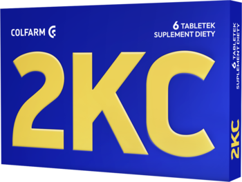 Niebieskie opakowanie suplementu diety 2KC Colfarm, z dużym żółtym napisem, na kaca i zmęczenie, widok z przodu.
