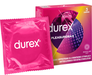Różowe prezerwatywy Durex Pleasuremax z wypustkami: jedna sztuka w folii, obok kartonowe opakowanie, widok z przodu.