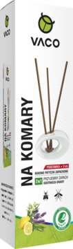 Białe opakowanie VACO Na Komary z dyfuzorem i patyczkami zapachowymi. Widoczne cytryna, lawenda. Widok pod kątem.
