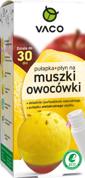 VACO pułapka na muszki owocówki. Opakowanie z cytrynami, żółta kula-pułapka, naturalne składniki, działa 30 dni.