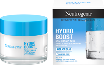 Neutrogena Hydro Boost Gel Cream nawilżający krem-żel do suchej skóry w słoiku z pudełkiem, widok z przodu.