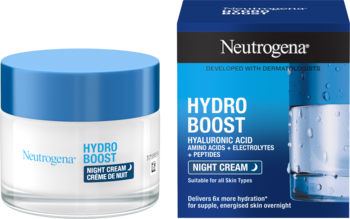 Krem na noc Neutrogena Hydro Boost z kwasem hialuronowym w przezroczystym słoiku obok ciemnoniebieskiego pudełka.