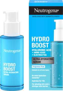 Niebieskie serum Neutrogena Hydro Boost Ultra-Hydrating z pompką obok pudełka z kwasem hialuronowym.
